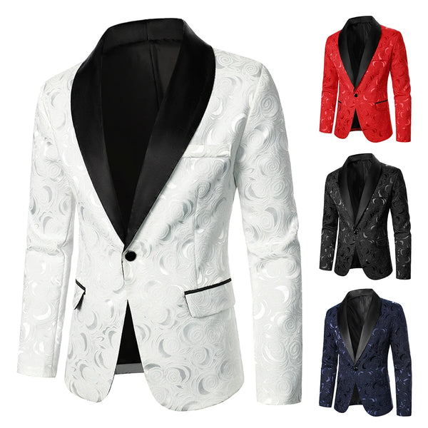 Rose Pattern Jacquard Fabric Slim Fit Blazer for Men - Party Luxury Design